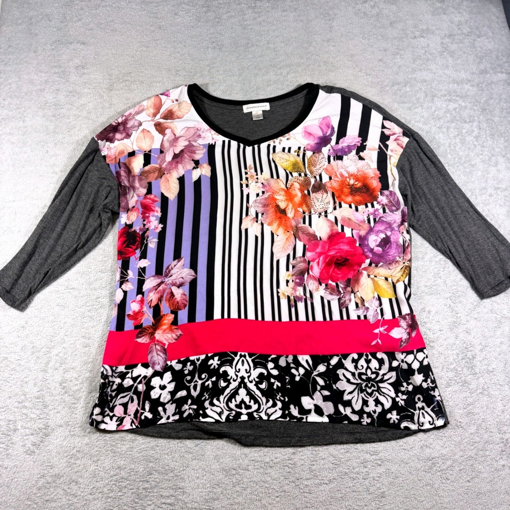 Christopher & Banks Floral Mixed Media Top Womens XL Gray V-Neck Rhinestone